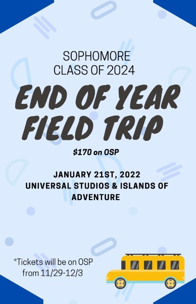 Class Trip Payments for Grades 9-10 and 11- Islands & Universal Orlando